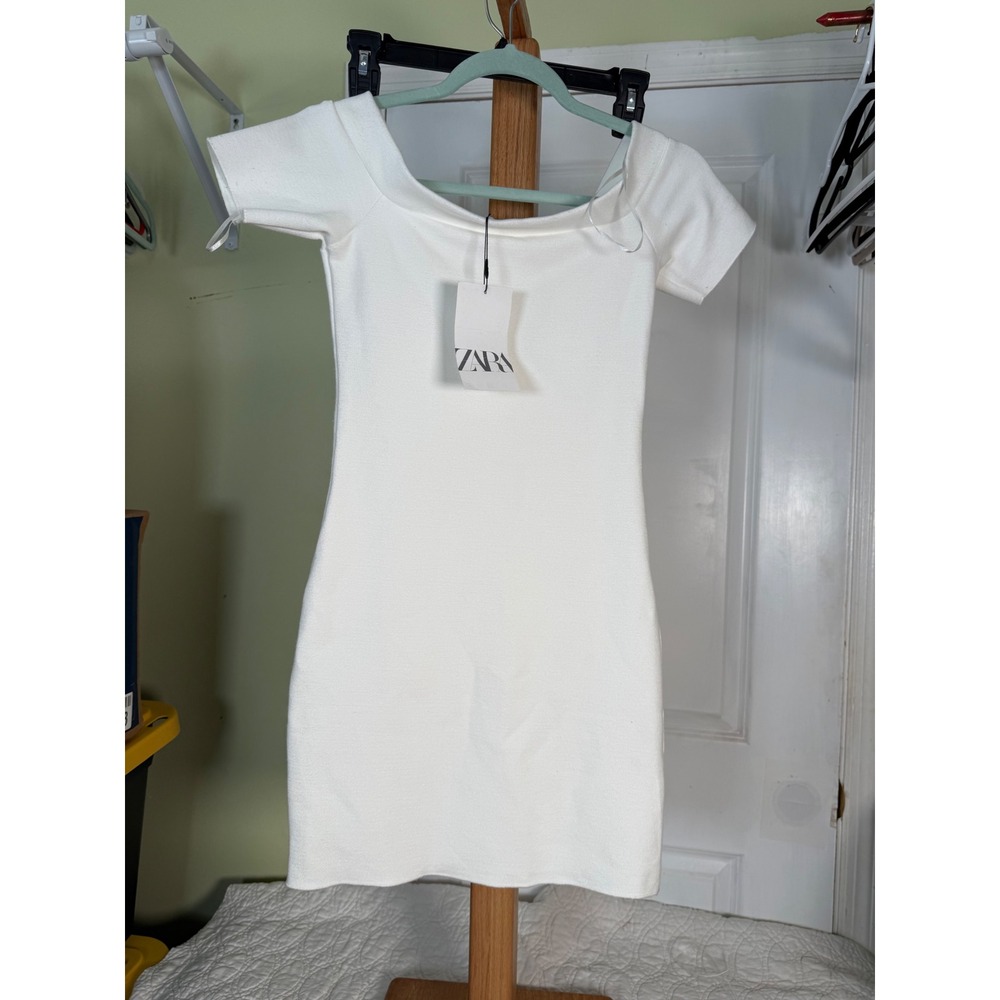 Zara Womens White Off The Shoulder Textured Knit Bodycon Mini Dress Size M
